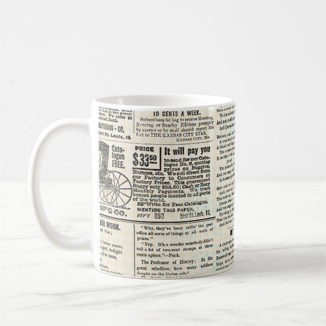 Vintage newspaper advertising coffee mug (Left)