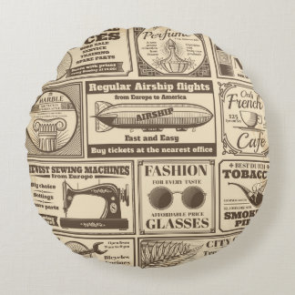 Vintage newspaper banners and advertising labels v round cushion