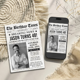 Vintage Newspaper Birthday Invite, Custom Photo Invitation