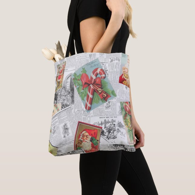 Vintage Newspaper Christmas Card Collage Tote (Close Up)