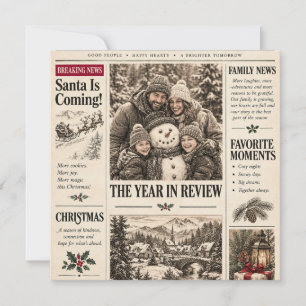 Vintage Newspaper Christmas, Retro Family Holiday Thank You Card