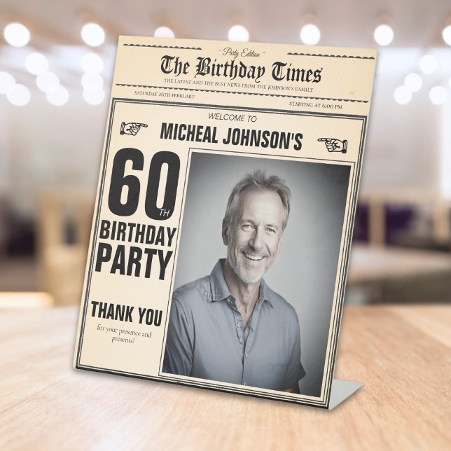 Vintage Newspaper Custom 60th Birthday Welcome Pedestal Sign (Mockup View)