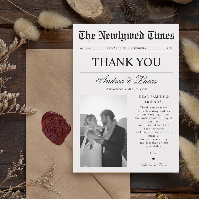 Vintage Newspaper Custom Photo Wedding Thank You Invitation (Creator Uploaded)