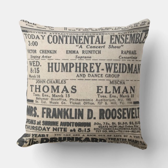 Vintage Newspaper Events Mrs Franklin Roosevelt Cushion (Front)