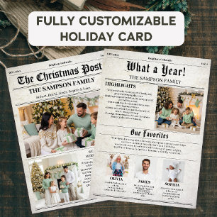 Vintage Newspaper Family Christmas Year Review Holiday Card