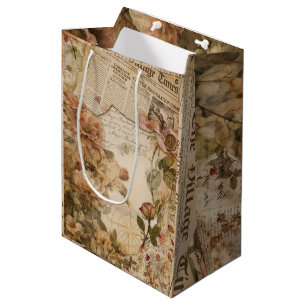 Vintage Newspaper Floral Aesthetic Cottagecore Medium Gift Bag