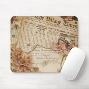 Vintage Newspaper Floral Aesthetic Cute Mouse Pad