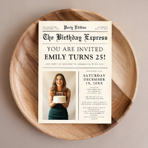 Vintage Newspaper Fun Photo 25th Birthday Party Invitation