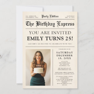 Vintage Newspaper Fun Photo 25th Birthday Party Invitation