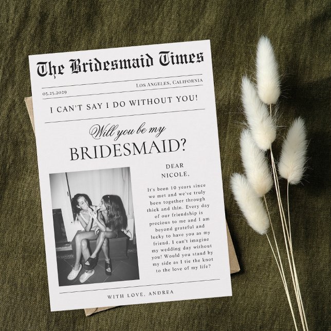 Vintage Newspaper Photo Unique Bridesmaid Proposal Invitation (Creator Uploaded)