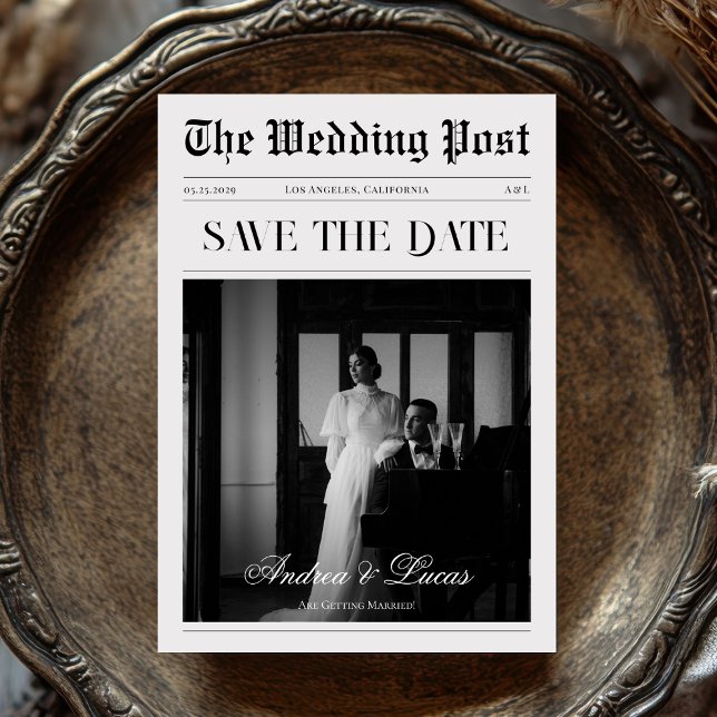 Vintage Newspaper Photo Wedding Save the Date Invitation (Creator Uploaded)