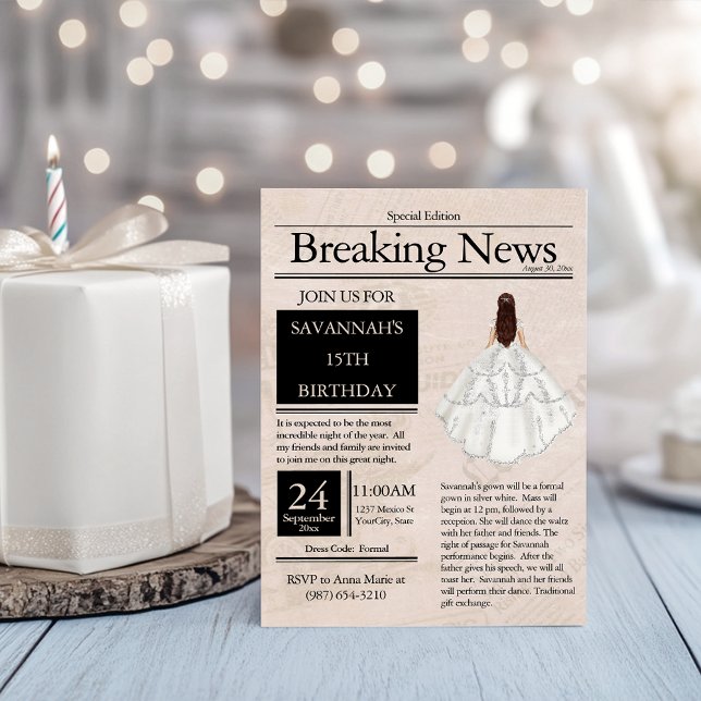 Vintage Newspaper Quinceañera Silver White Invitation (Creator Uploaded)