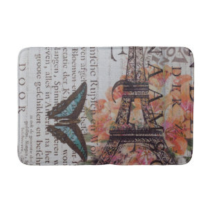 vintage newspaper scripts  Paris eiffel tower Bath Mat