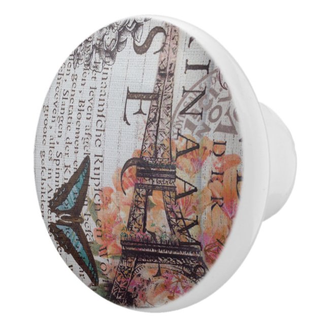 vintage newspaper scripts  Paris eiffel tower Ceramic Knob (Right)