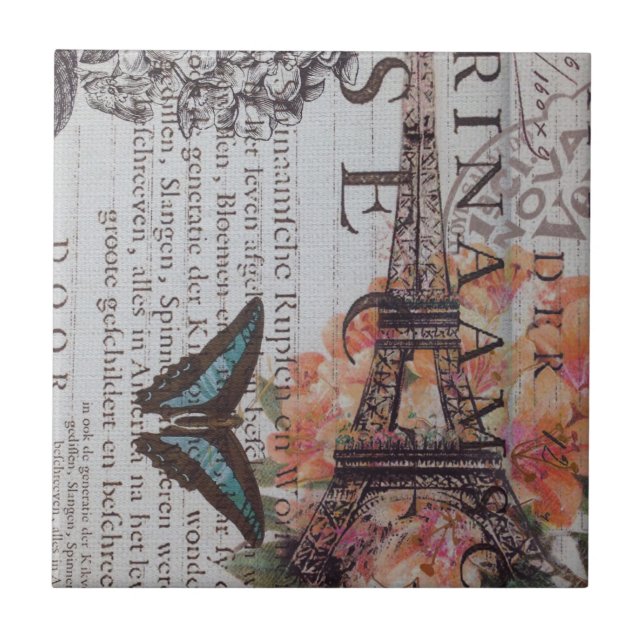 vintage newspaper scripts  Paris eiffel tower Tile (Front)
