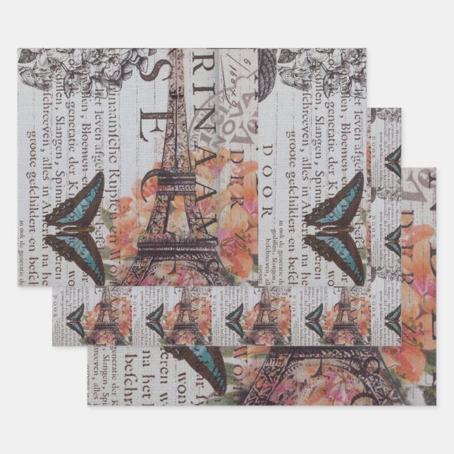 vintage newspaper scripts  Paris eiffel tower Wrapping Paper Sheet (Set)