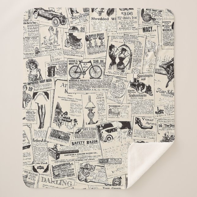 Vintage Newspaper   Sherpa Blanket (Front)