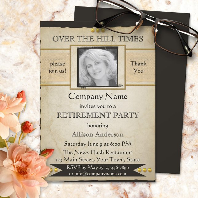 Vintage Newspaper Style Photo Retirement Invite (Creator Uploaded)