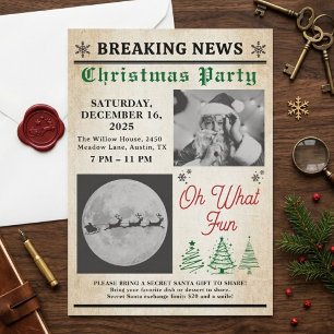 Vintage Newspaper Tree Christmas Party Invitation