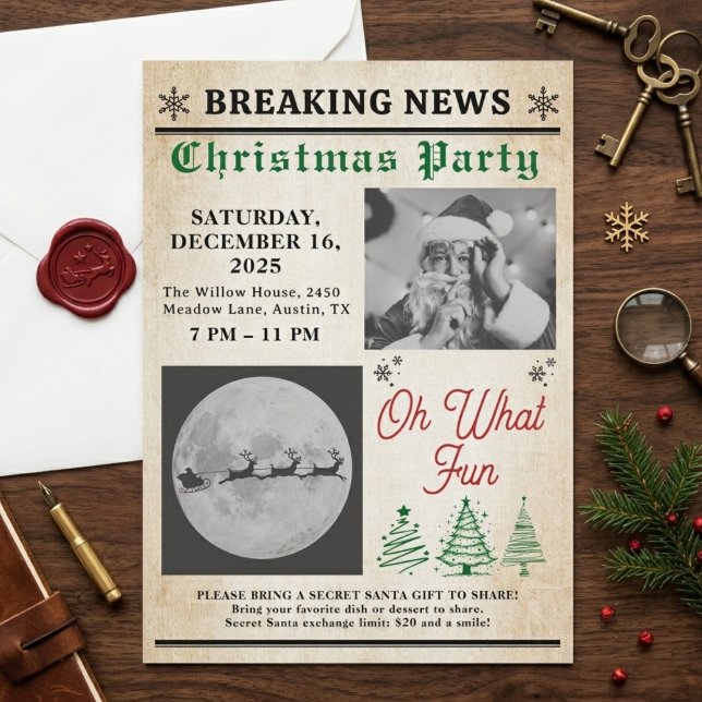 Vintage Newspaper Tree Christmas Party Invitation (christmas invitations )