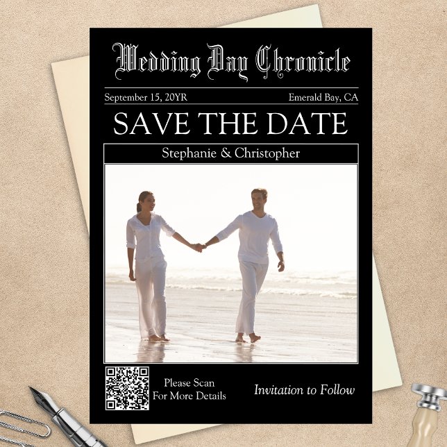 Vintage Newspaper Wedding QR Code Save the Date (Modern Black and White Newspaper QR code Save the Date)