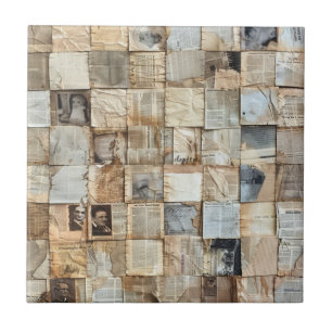Vintage Newsprint & Parchment Collage Tile