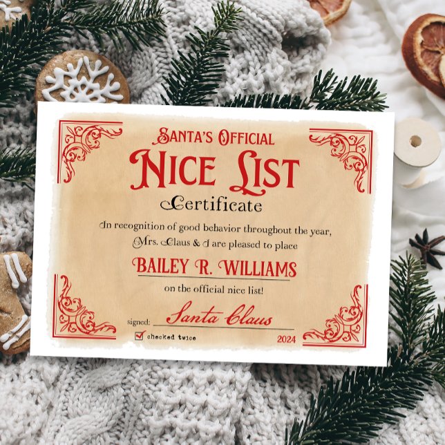 Vintage Nice Certificate Santa Magical Invitation (Official Nice List Certificate Santa Claus North Pole letter instant download printable)