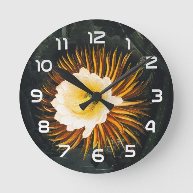 Vintage Night-Blowing Cereus Gothic Art Round Clock (Front)