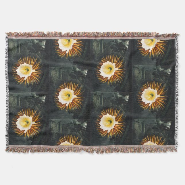 Vintage Night-Blowing Cereus Gothic Art Throw Blanket (Front)