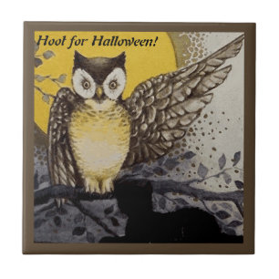 Vintage Night Owl Wing on Branch Moon Tile