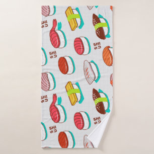 Vintage nigiri sushi, doodle pattern bath towel