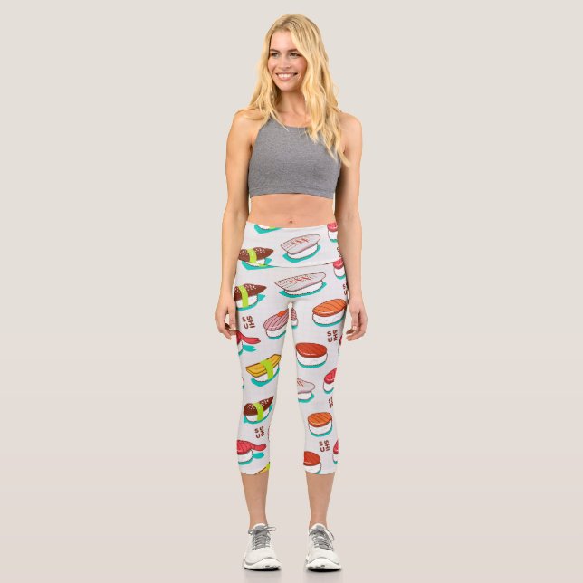 Vintage nigiri sushi, doodle pattern capri leggings (Front)