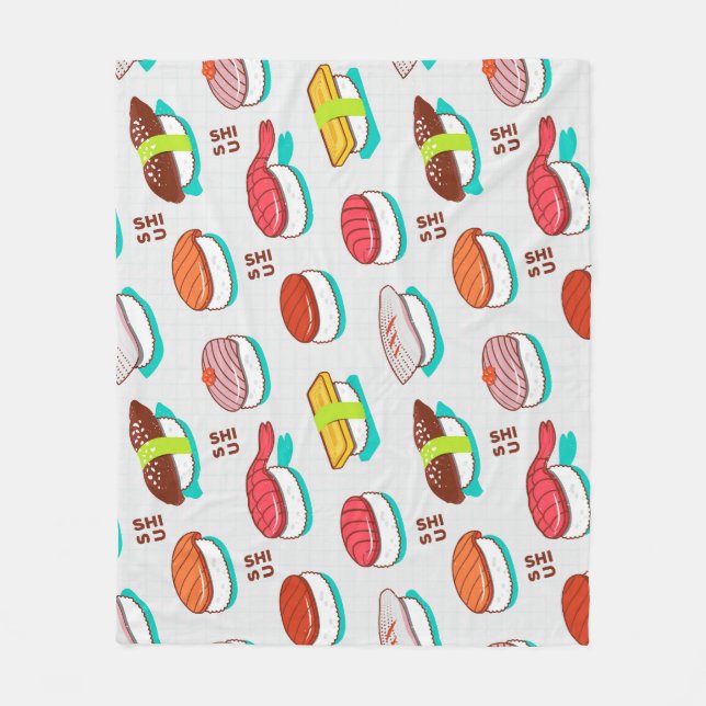Vintage nigiri sushi, doodle pattern fleece blanket (Front)
