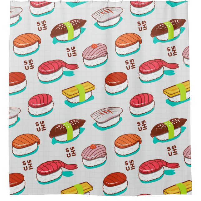 Vintage nigiri sushi, doodle pattern shower curtain (Front)