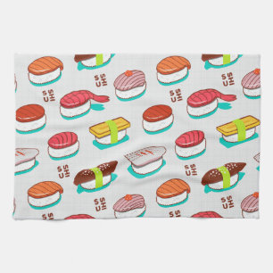 Vintage nigiri sushi, doodle pattern tea towel