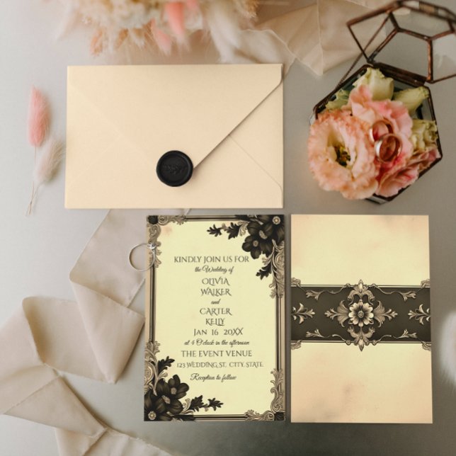 Vintage Noir Floral Scroll Wedding Invitation (Creator Uploaded)