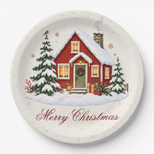 Vintage Nordic Christmas Cottage Holiday Party Paper Plate