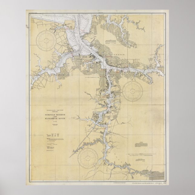 Vintage Norfolk Harbour & Elizabeth River Map Poster (Front)