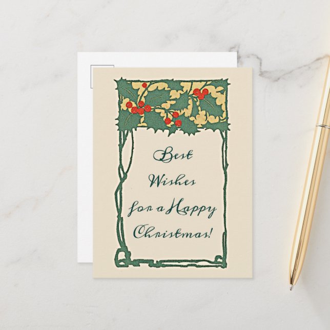Vintage Nostalgic Christmas Holly Berries Holiday Postcard (Front/Back In Situ)