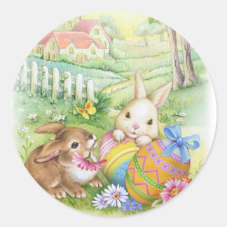 Vintage, nostalgic Easter bunnies Classic Round Sticker