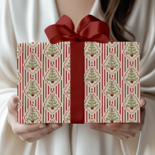 Vintage Nostalgic Striped Christmas Tree Wrapping Paper
