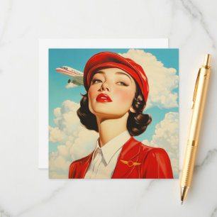 Vintage Note Card with Stewardess and Aeroplane