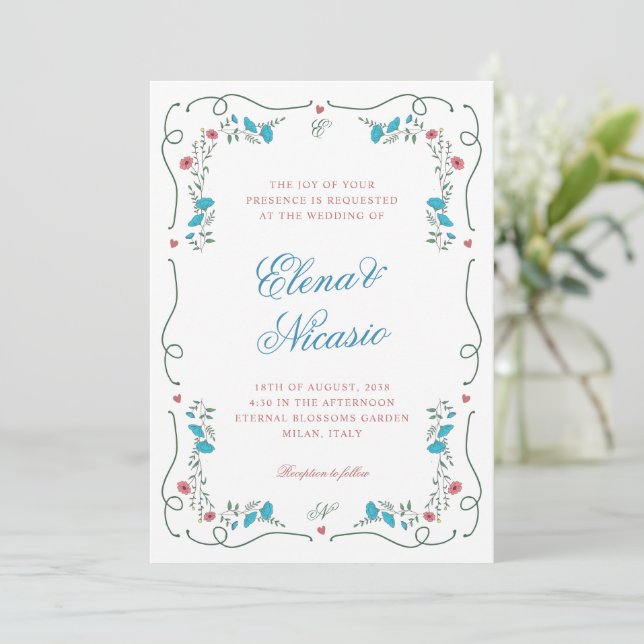 Vintage Nouveau Botanical Frame Pink Blue Wedding Invitation (Standing Front)