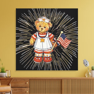 Vintage Nurse Bear with Modern White Fireworks Canvas Print