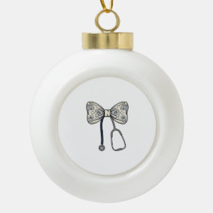 Vintage Nurse Bow Stethoscope Floral Shirt Design_ Ceramic Ball Christmas Ornament