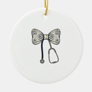 Vintage Nurse Bow Stethoscope Floral Shirt Design_ Ceramic Tree Decoration