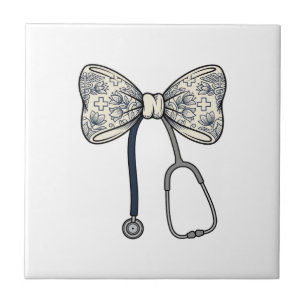 Vintage Nurse Bow Stethoscope Floral Shirt Design_ Tile