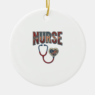 Vintage Nurse Patriotic Stethoscope Shirt Design_1 Ceramic Tree Decoration