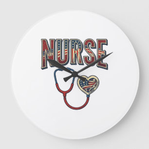 Vintage Nurse Patriotic Stethoscope Shirt Design_1 Large Clock