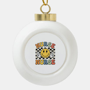 Vintage Nurse Smiley Chequerboard Shirt Design_1 Ceramic Ball Christmas Ornament